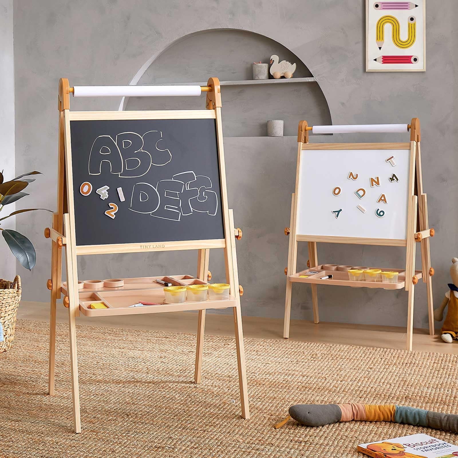 Tiny Land Wooden Easel for Kids, Adjustable Height Double-Sided Magnetic Art Easel with Paper Roll, Chalkboard & Dry-Erase Board, All-in-One Drawing Set for Toddlers 3-8 Years Old
