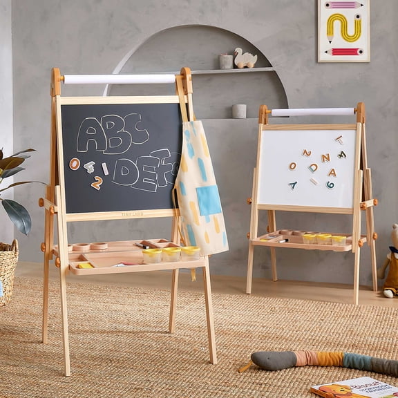 Tiny Land Wooden Easel for Kids Ages 3-8, Magnetic Chalkboard & Whiteboard, Foldable Art Easel with Apron