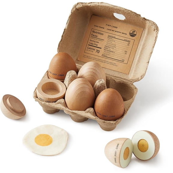 Tiny Land Wooden Egg for Kids, Organic Play Food Combo Playset - 6 Pcs Realistic Wooden Eggs, Montessori Kitchen Toys for Pretend Play, Easter Crafts for Toddlers