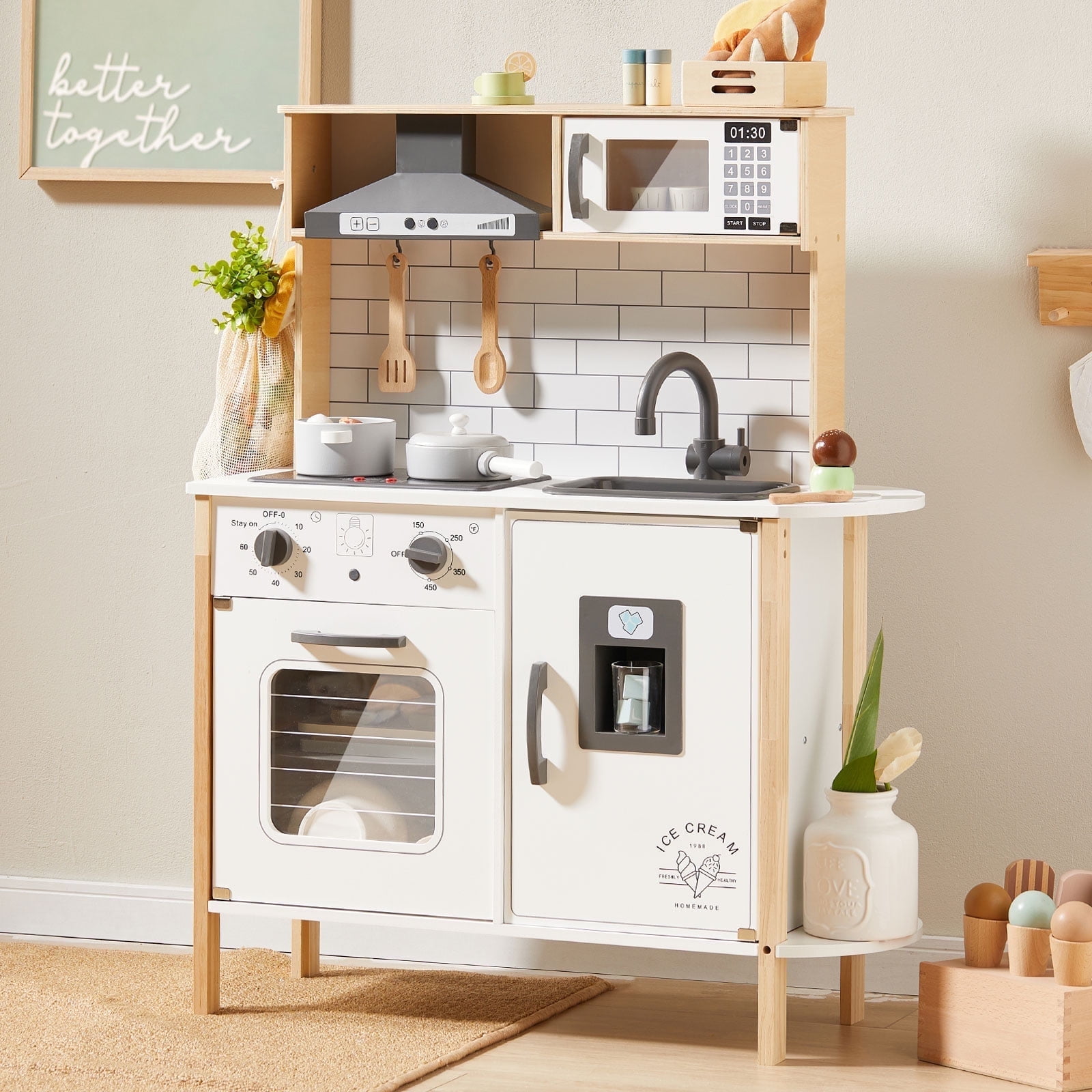 Tiny Land Wooden Play Kitchen for Kids, White Pretend Play Set with Lights \u0026 18 Pcs Accessories