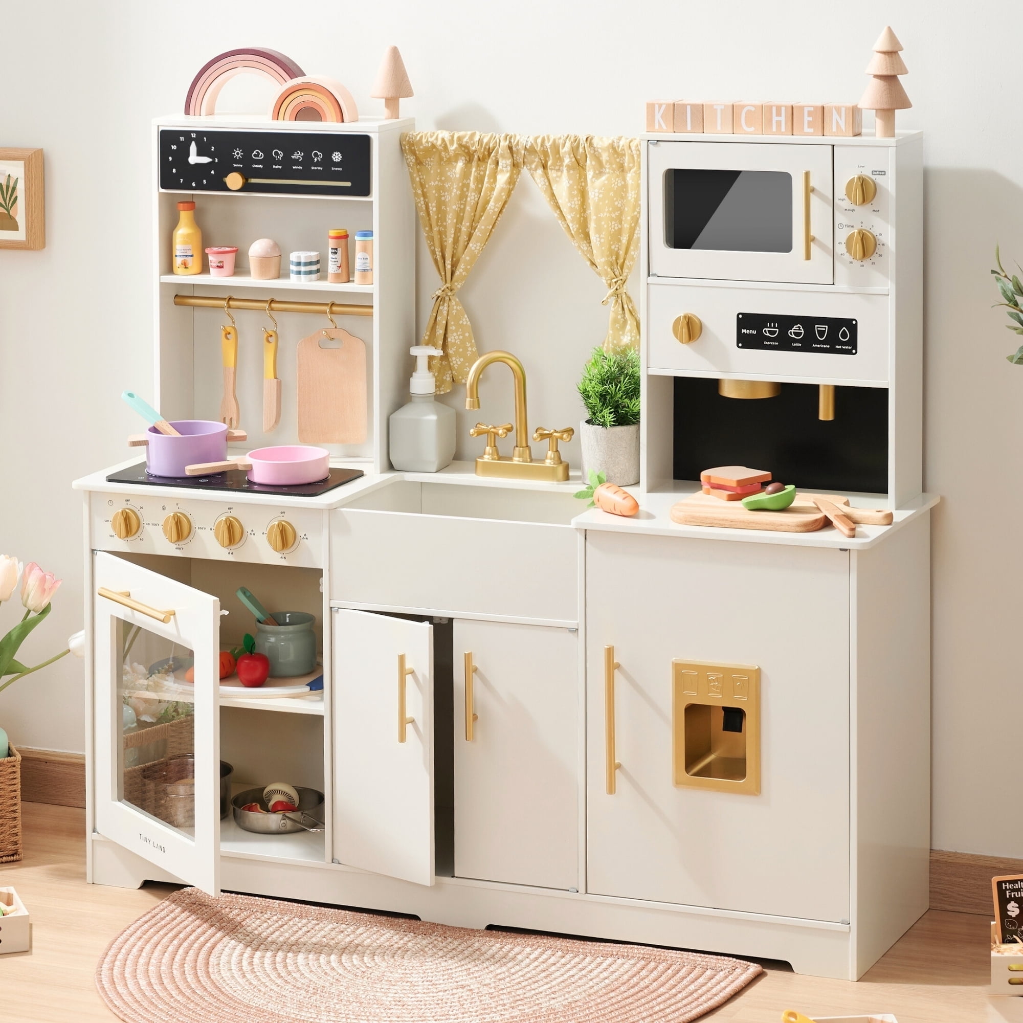 Tiny Land Wooden Play Kitchen Set for Kids, Home Style Design with Curtains, Ideal for Ages 3+ (White)