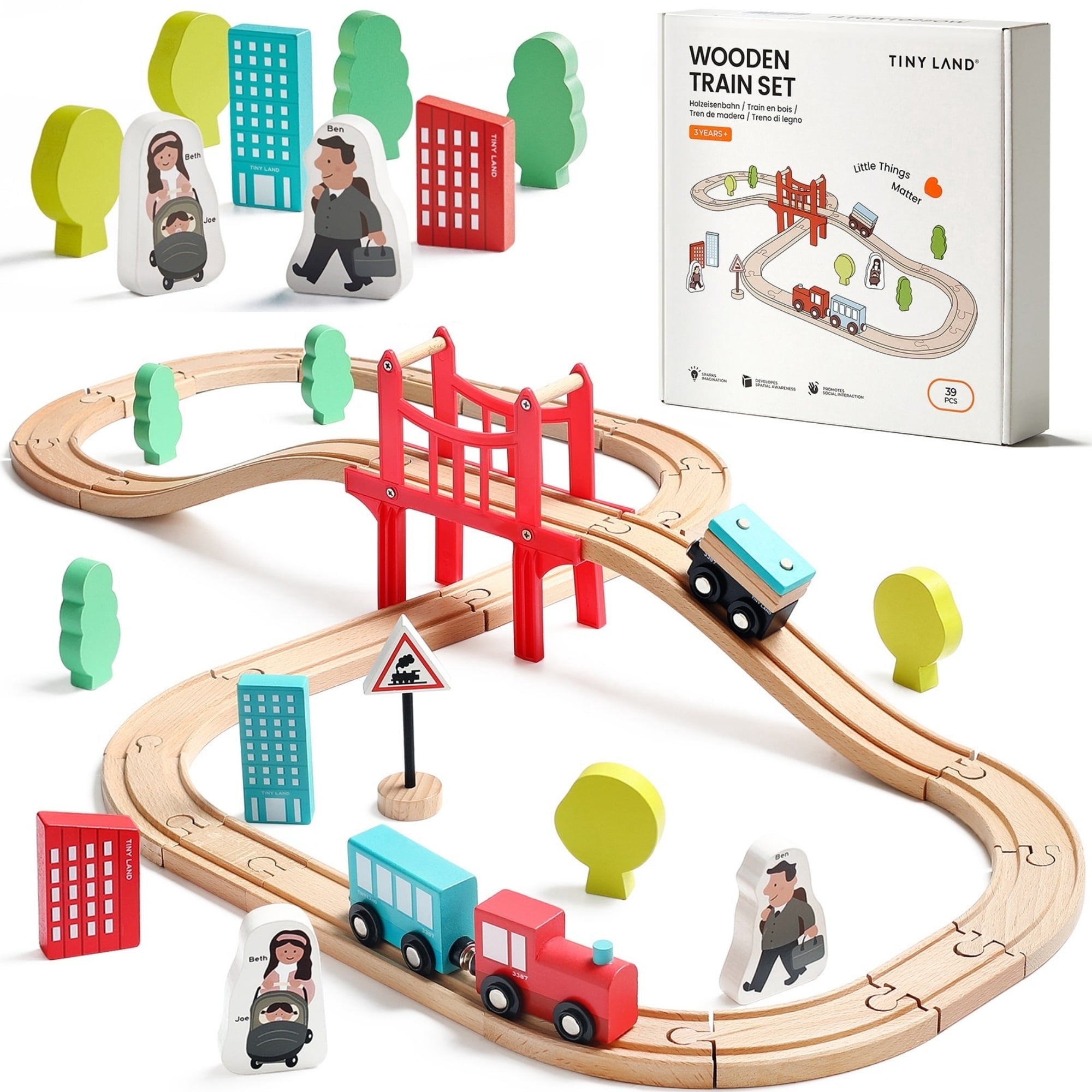 Tiny Land Wooden Train Set, 39 Pcs with Tracks, Expandable
