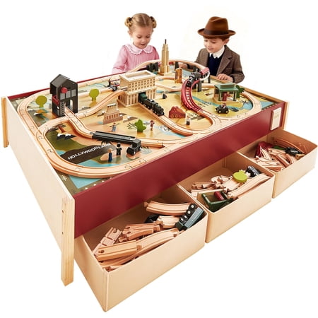 Tiny Land Wooden Train Set Table, Interactive Railway Playset with Sound Effects & Storage Bins, Large Activity Table for Pretend Play