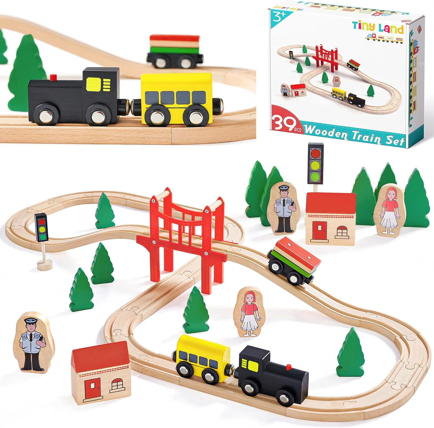 Tiny Land Wooden Train Set for Toddler 39 Pcs with Wooden Tracks
