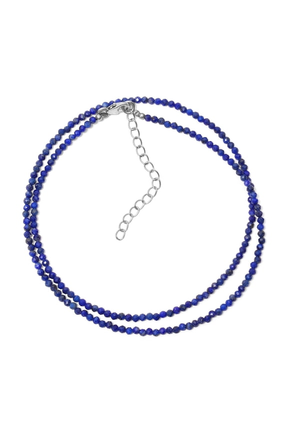 Tiny Lapis Lazuli Beaded Necklace, 2mm-2.5mm Micro Faceted Round Beads, Sterling Silver Clasp and Extension Chain