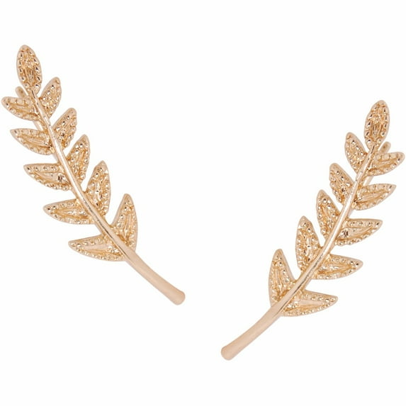 Tiny Leaf Ear Climbers - Delicate Crawler Cuff Stud Jacket Earrings, Gold-Tone