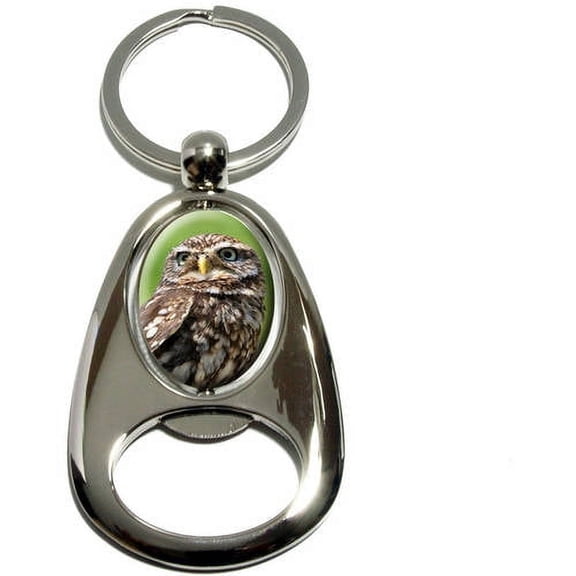 Tiny Little Small Owl, Chrome Plated Metal Spinning Oval Design Bottle Opener Keychain Key Ring