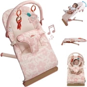 Tiny Marvels Baby Bouncer Seat 0 12 Months, Ergonomic Portable Design with 3-Point Harness, Soothing Music & Removable Toy Bar, Foldable Baby Seat for Newborns & Toddlers Under 20 lbs