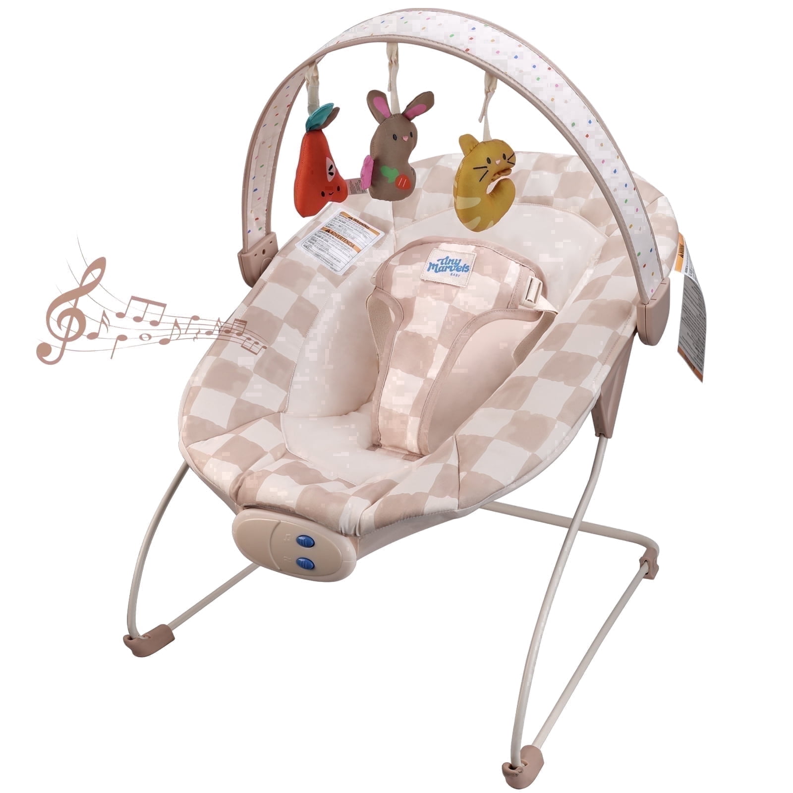 Tiny Marvels Baby Bouncer Seat with Soothing Vibrations and Music Sensory Toy, Age 0-6 Months(Sand Checks)