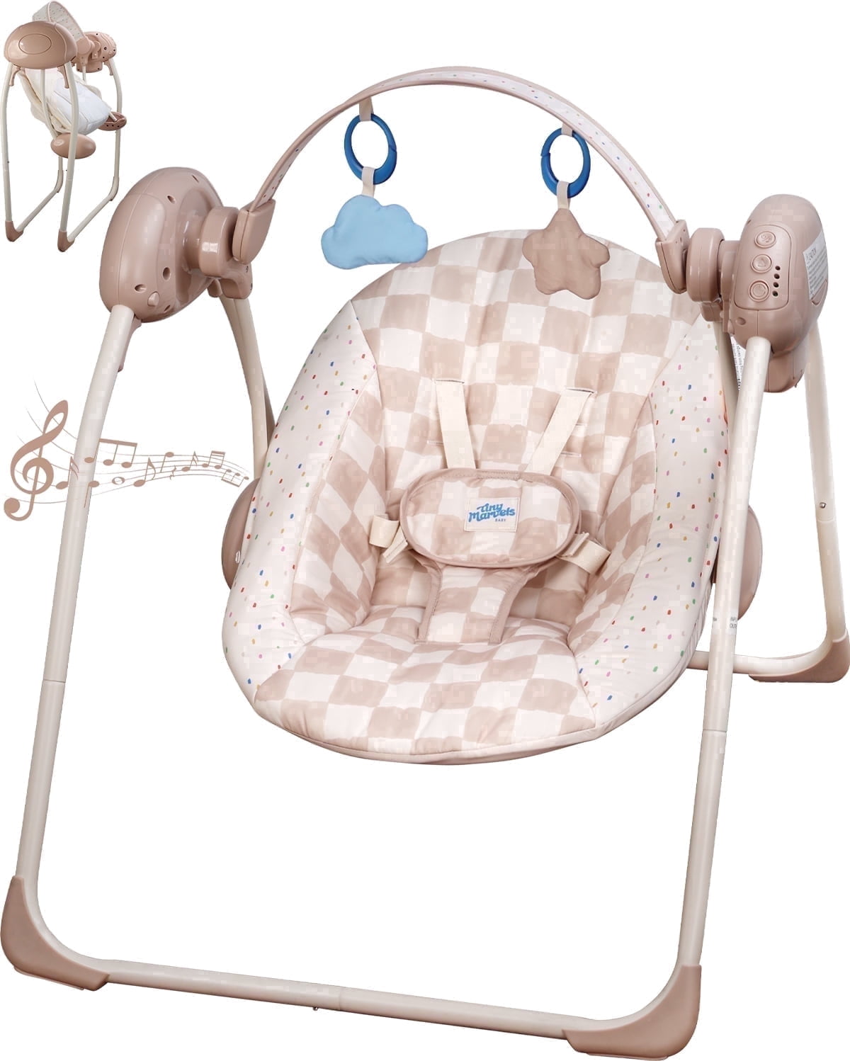 Tiny Marvels Deluxe Cozy Portable Baby Swings for Infants,Adaptable Speed,Music,Removable-Toy-Bar,Age 0-9 Months(Sand Checker)
