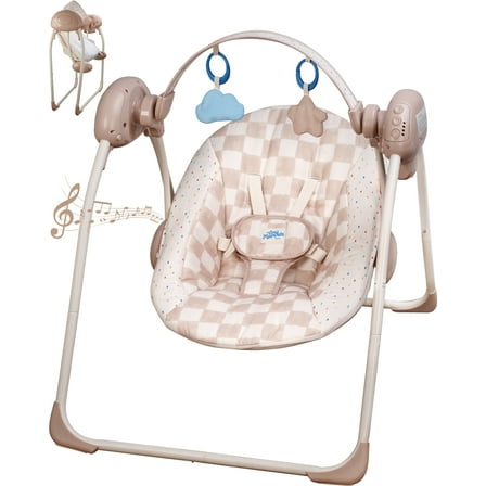 Tiny Marvels Deluxe Cozy Portable Baby Swings for Infants,Adaptable Speed,Music,Removable-Toy-Bar,Age 0-9 Months(Sand Checker)