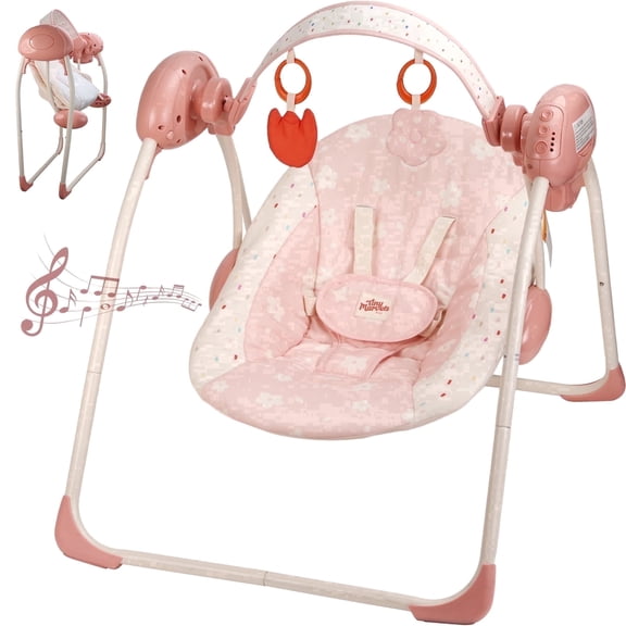 Tiny Marvels Baby Swing for Infants, Portable Infant Swing with 5 Swing Speeds, Soothing Music, Removable Toy Bar, Foldable Design, 5-Point Harness, Newborn to 9 Months, 6-20 lbs(Sand Checker)