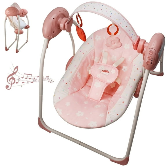 Tiny Marvels Deluxe Cozy Portable Baby Swings for Infants,Adaptable Speed,Music,Removable-Toy-Bar,Age 0-9 Months(Blush Bloom)