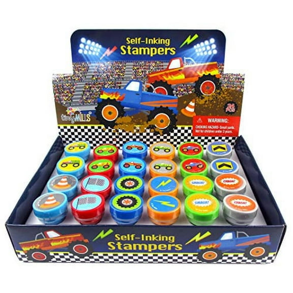 Tiny Mills Monster Truck 24pc Assorted Self-Inking Stamp Set for Kids, Birthday Party, Party Favors, Goody Bag Fillers, Rewards