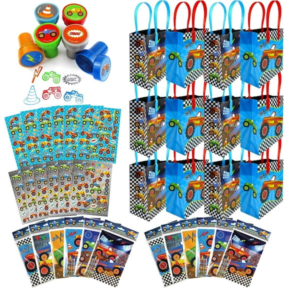 Tinymills Monster Truck Birthday Party Favor Set - 12 Goodie Bags, Stickers, Coloring Books, Crayons, Stampers