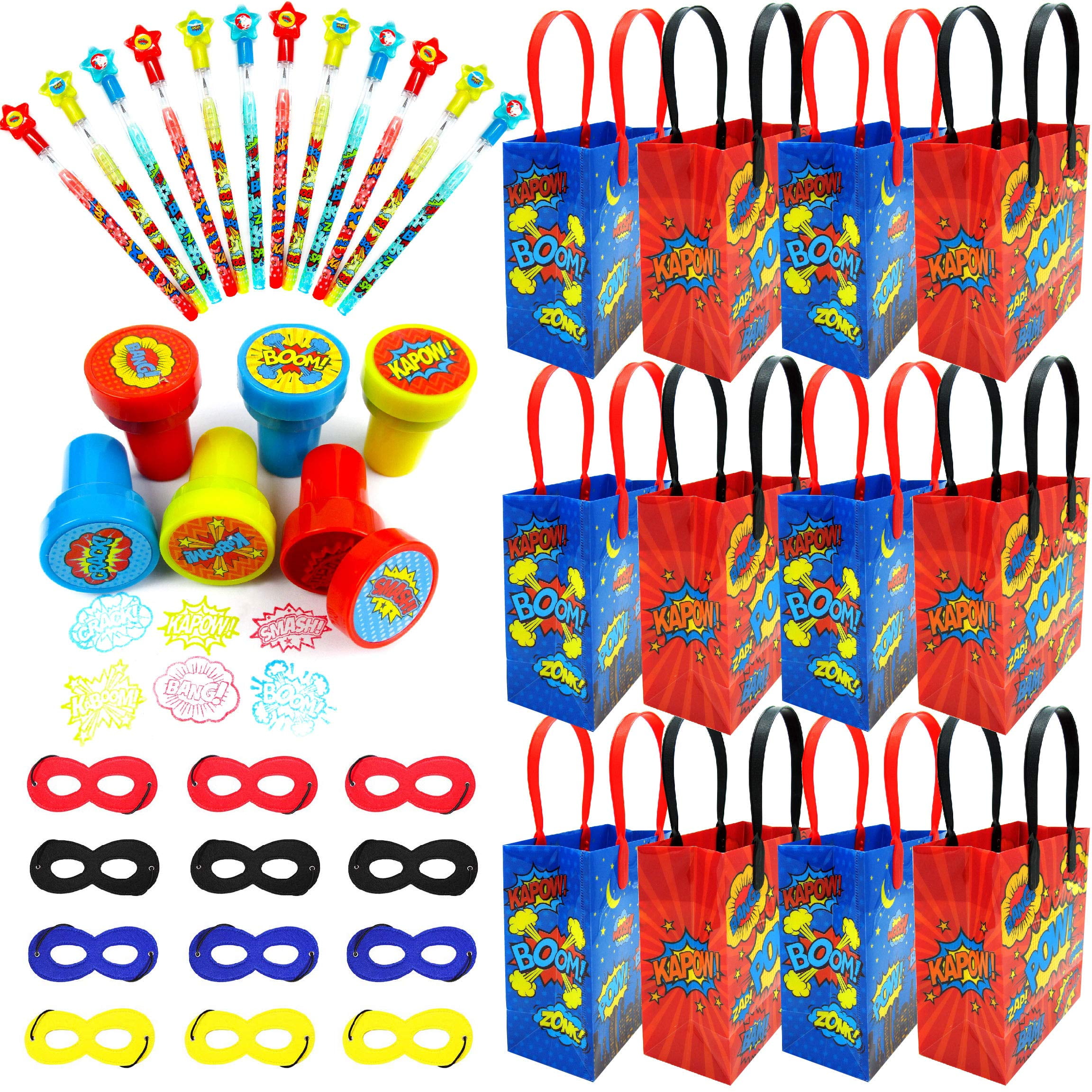 Tiny Mills Superhero Birthday Party Favor Set of 60 Pcs (12 Large Party Favor Treat Goody Bags with Handles, 24 Stamps for Kids, 12 Stackable Point Pencils, 12 Felt Masks) SF1