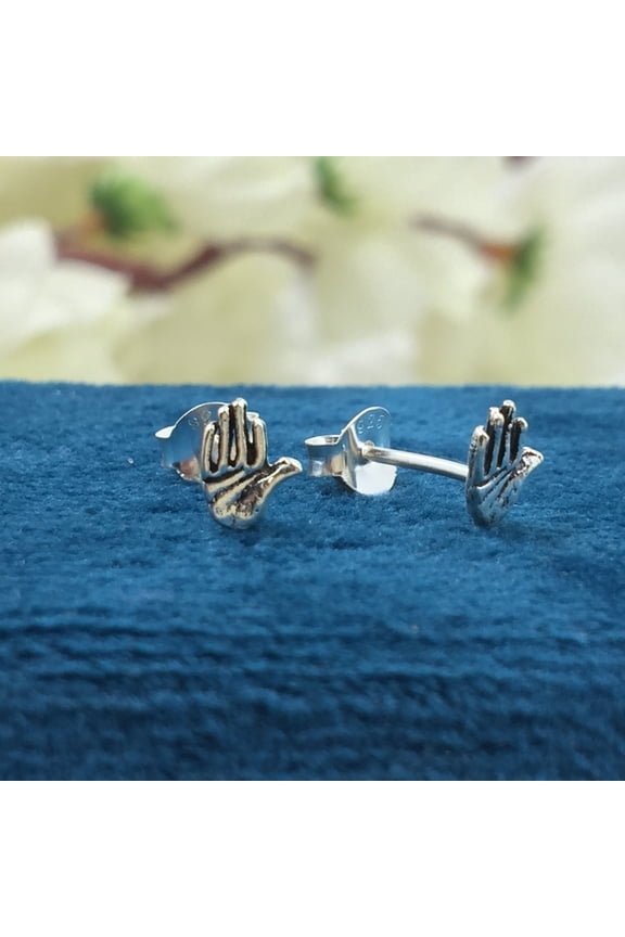 Tiny Mini Palm Hand Stud Earrings Unique Dainty Victorian Style Jewelry Minimalist Handmade Gift Studs with Pushback 925 Sterling Silver