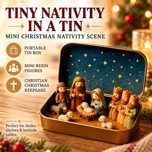 Tiny Nativity in a Tin Mini Nativity Set in Tin Box Pocket Christmas Nativity Scene with Resin Figures Christian Keepsake