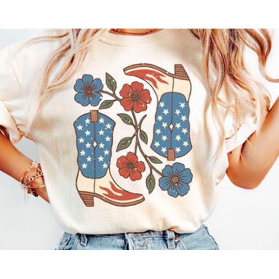 Tiny Nest Cowgirl 4Th Of July Shirt, Cowgirl Boots Shirt, Trendy Cowgirl Tshirt, Western Country Patriotic T-Shirt, Womens Floral Usa Tshirt, Gift For Friend