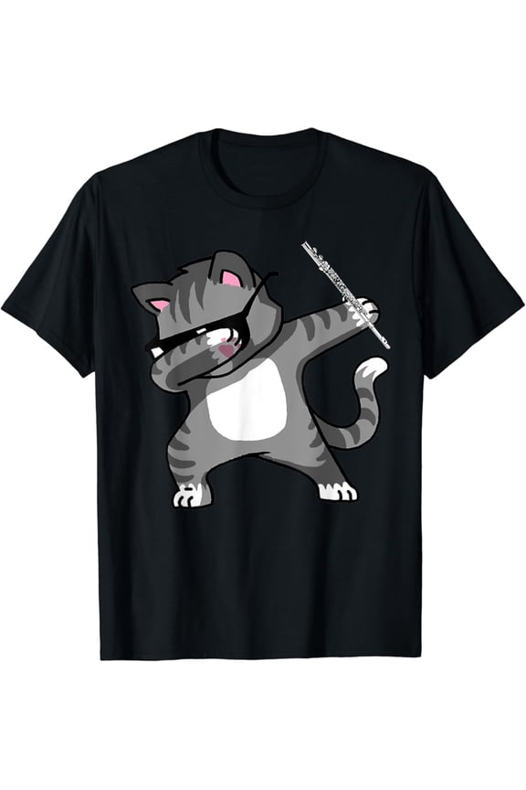 Dabbing Cat With Sunglasses And Flute Music Dab Dance T-Shirt, Size S To 5XL T-Shirt