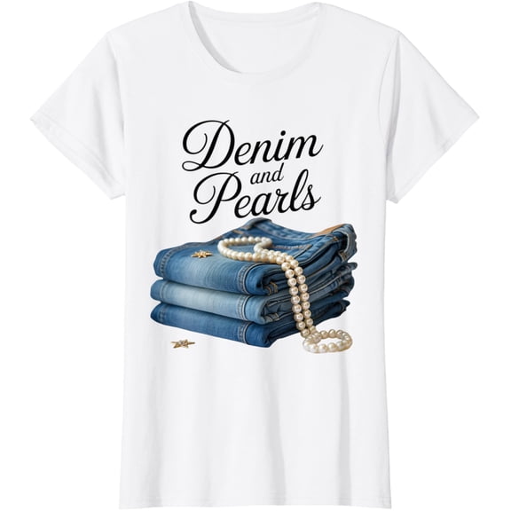 Tiny Nest Denim and Pearls for Ladies Blue Jeans Lover Western Cowgirl T-Shirt