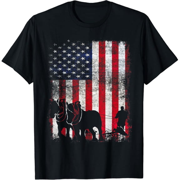 Tiny Nest Draft Horse Patriotic American Flag Vintage Farmer T-Shirt, Gift For Friend