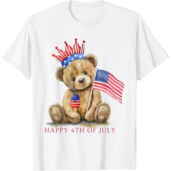 Tiny Nest Happy 4th Of July Patriotic Cute Teddy Bear Women Girls Kids T-Shirt