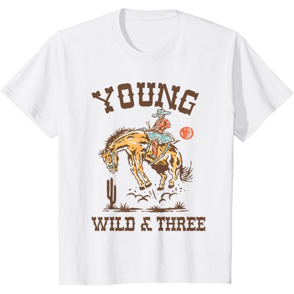 Tiny Nest Kids Young Wild & Three Wrangler Western Rodeo 3rd Birthday Boy T-Shirt