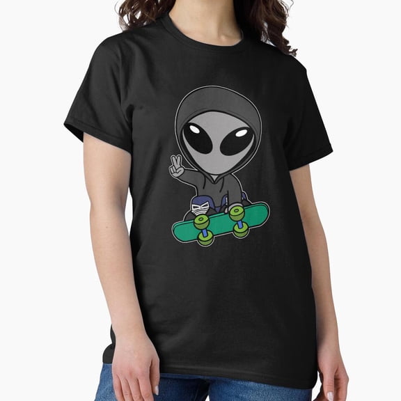 Tiny Nest Skateboarding Gray Space Alien Cartoon Classic T-Shirt, Size S To 5XL T-Shirt