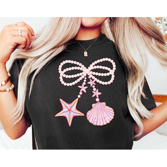 Tiny Nest Summer Coquette Pearl Bow Shirt, Summer Vibes Trendy Tee, Girly Summer Beach Shirt, Starfish Clam Tee, Pink Clam, Coastal Pearl,Gift For Her Shirt For Boy, Girl, Gift For Friend