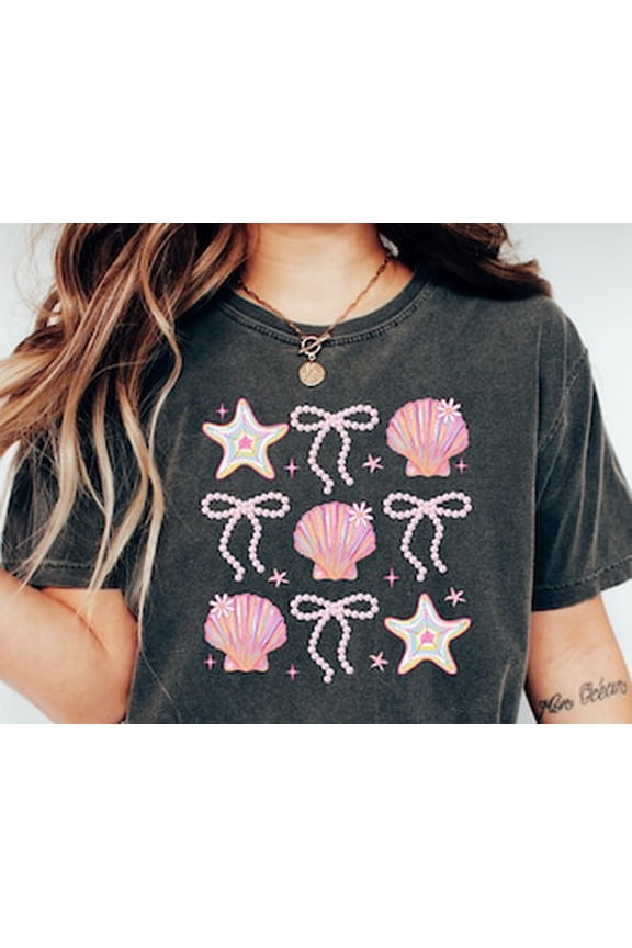 Summer Coquette Pearl Bow Shirt, Summer Vibes Trendy Tee, Girly Summer Beach Shirt, Starfish Clam Tee, Pink Clam, Coastal Pearl,Gift For Her Shirt For Boy, Girl, Gift For Friend