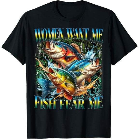 Tiny Nest Vintage Women Want Me Fish Bass Fear Me Funny Fishing Men T-Shirt