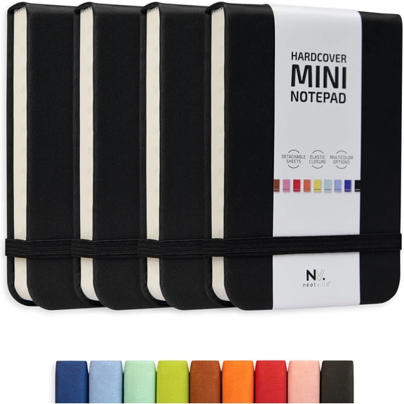 Tiny Notebook 3x4 Small Notepad Pocket Size, A7 Leather Hardcover Mini Notebook, Tear Off Sheet Tiny Notepad with Elastic Band, 4 Pack Mini Pocket Notebook for Nurse Reporter (Black)