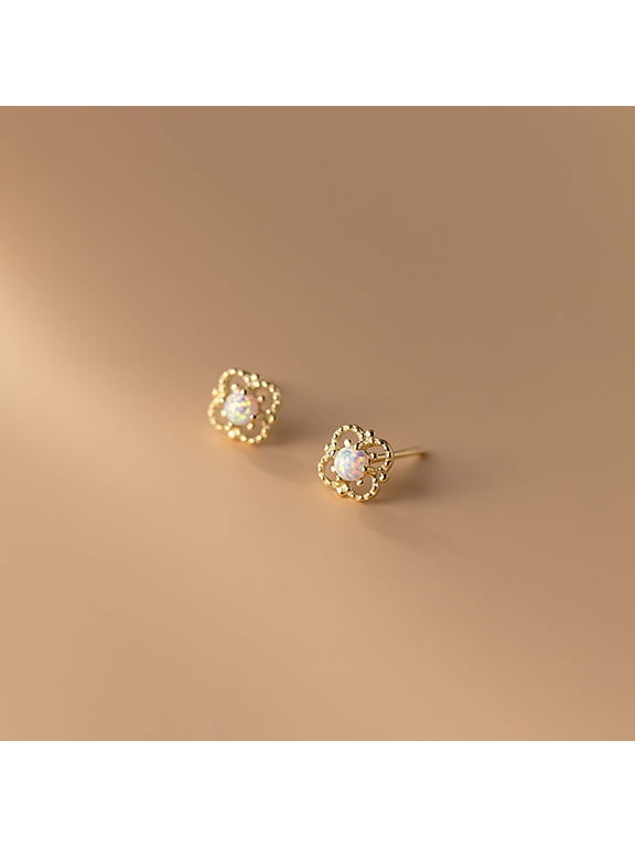 Tiny Opal Vintage Studs Earrings,Moonstone Studs,Gold Silver Dainty Earrings,Tiny Gem Studs Earrings for Women,Shiny Sterling Silver Studs