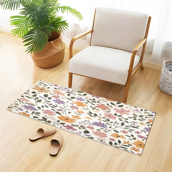 Tiny Pastel Colored Flowers and Leaves Plush Carpet Non Slip Runner Rug Absorbent Bath Mat 39" x 20"
