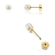 DUANHUI Tiny Pearl Screw Back Stud Earrings for Girls,Safety Flatback Pearl Cartilage Helix Earrings 316L Surgical Stainess Steel Jewelry Gift For Women Toddlers (4mm Pearl, Gold)