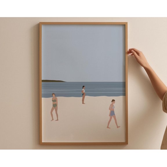 Tiny People Beach Print | Cute Bathroom Beach Art Minimalist Swimming Art | Summer People Wall Poster | Beach House Decor |, 8x12 UNFRAMED