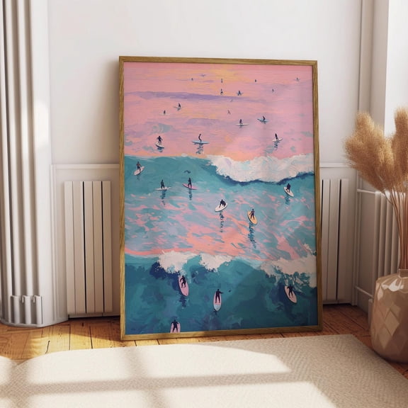 Tiny People Surfing Matte Paper Poster, Summer Ocean Wall Decor, Beach View Print, Retro Pink Artwork, Minimalist Beach House Decoration Wall Art, Modern Wall Decor, 16x24 UNFRAMED