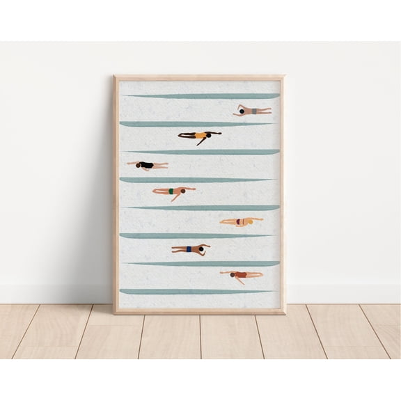 Tiny People Swimmers Art | Swimming Pool Print | Beach Lake House Cute Summer Poster | Pool House Art Minimalist Matte Physical Art Print, 8x12 UNFRAMED