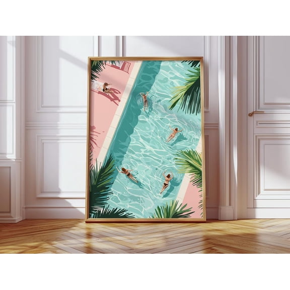Tiny People Swimming Matte Paper Poster, Summer Pool , Swim View Wall Decor, Retro Colorful Poster, Summer House Decoration Unframed Paper Print