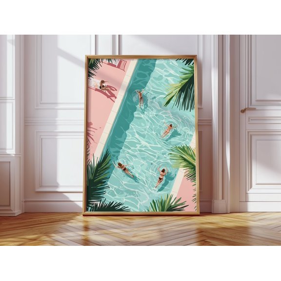 Tiny People Swimming Matte Paper Poster, Summer Pool, Swim View Wall Decor, Retro Colorful Poster, Summer House Decoration Wall Art, Modern Wall Decor, 24x36 UNFRAMED