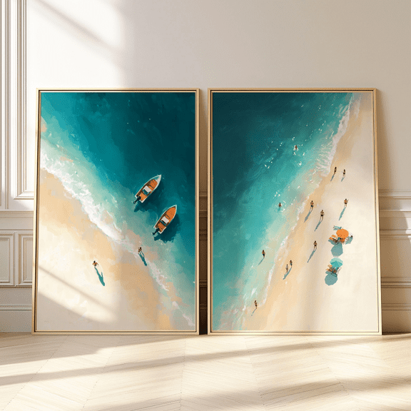 Tiny People Swimming Ocean Minimalist Coastal Poster Set 2 Prints Set 2 , Poster Only