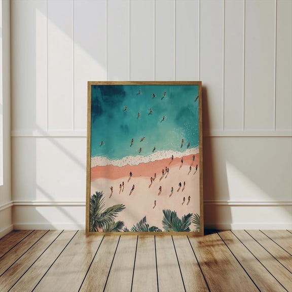 Tiny People Swimming Paper Matte Poster, Summer Ocean Wall Decor, Beach View Print, Retro Colorful Artwork, Minimalist Beach House Decor Unframed Paper Print