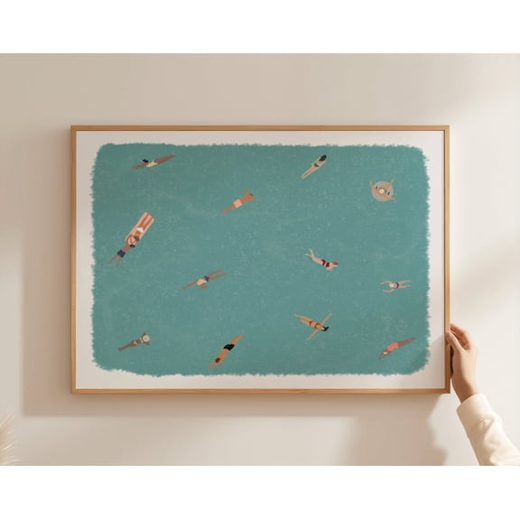 Tiny People Swimming in Pool Art | Swimming Pool Print | Cute Summer Wall Poster | Minimalist Water Art | Matte Physical Art Print Option, 16x24 UNFRAMED