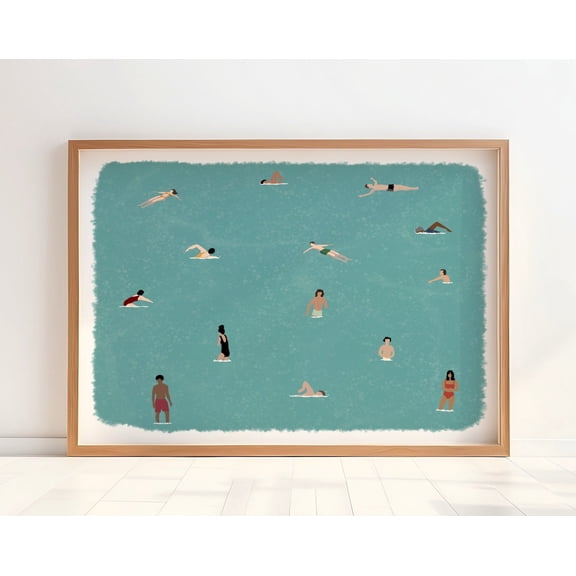 Tiny People Swimming in Pool Art | Swimming Pool Print | Summer Wall Poster | Pool House Decor Minimalist Water Art | Physical Print Option, 12x18 UNFRAMED