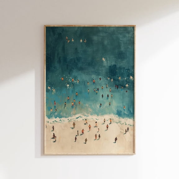 Tiny People Swimming Print, Abstract Coastal Wall Art, Trendy Summer Poster,, Unframed Paper Poster 8x10in