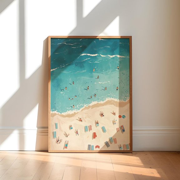 Tiny People Swimming Wall Decor, Summer Ocean, Aerial Beach View Print, Retro Colorful Poster, Minimalist Beach House Decoration Wall Art, Modern Wall Decor, 12x18 UNFRAMED