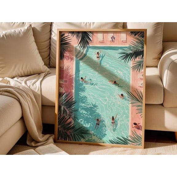 Tiny People Swimming Wall Decor, Summer Pool , Aerial Swim View Print, Retro Colorful Poster, Minimalist Summer House Decoration Unframed Paper Print