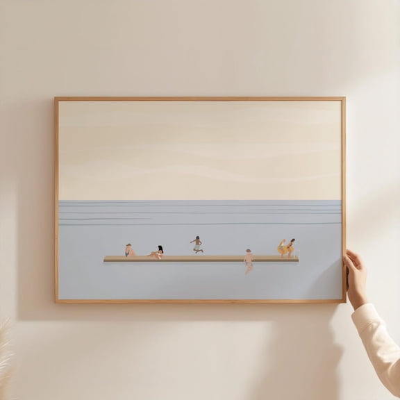 Tiny People Swimming in Lake Summer Lake People Minimalist Beach House Pool House Poster Unframed Paper Print
