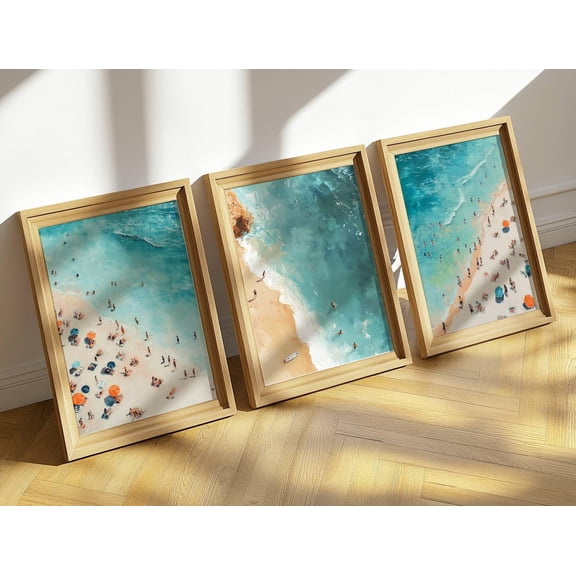 Tiny People Swimming in Ocean Art Minimalist Beach House Summer Decor Set 3 Unframed Paper Print 8x12
